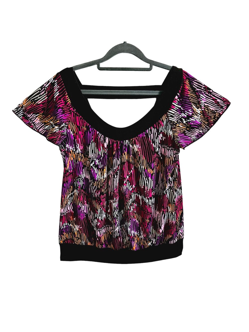 AGB Women's L Short Sleeve Colorful Blouse Bold Firework Line Abstract Print